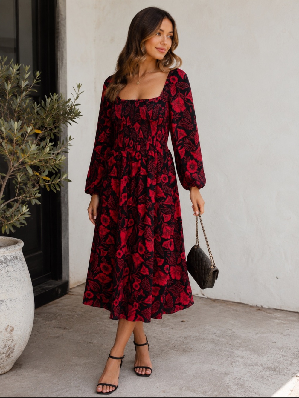 Black Red Spanish Floral Smocked Long Sleeve Midi Dress Large Boho